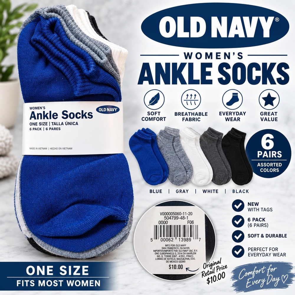 Old Navy Womens Ankle Socks 6 Pack Assorted Colors Blue Gray White Black OS